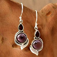 Pearl and garnet dangle earrings, 'Modern Romance' - Handcrafted Sterling Silver Garnet and Pearl Earrings