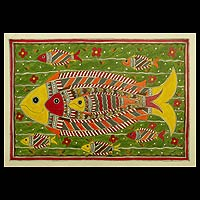 Madhubani painting Cheerful Fishes India