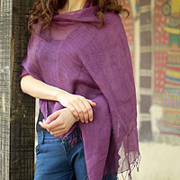 Linen shawl, 'Sheer Amethyst' - Purple Linen Shawl Lightweight Solid Plum  India