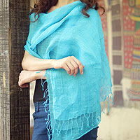 Linen shawl, 'Sheer Turquoise' - Women's Linen Solid Shawl from India