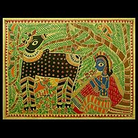 Madhubani painting, 'Krishna's Song' - Spiritual Madhubani Folk Art Painting