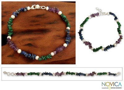 Pearl and amethyst beaded anklet, 'Mystic Meadow' - Pearl and amethyst beaded anklet