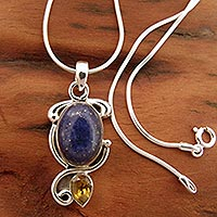 Lapis and citrine pendant necklace, 'Royal Charm' - Indian Necklace with Lapis Citrine and Sterling Silver