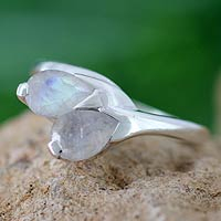 Moonstone floral ring, 'Rose of Passion' - Moonstone and Sterling Silver Ring from India Modern Jewelry