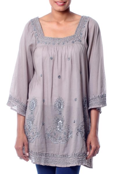 Beaded cotton blouse, 'Romance' - Artisan Crafted Cotton Embroidered and Beaded Blouse Top