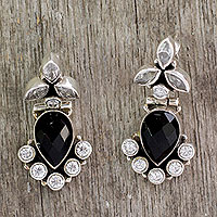 Onyx and quartz dangle earrings, 'Midnight Dewdrops' - Onyx and Quartz Drop Earrings