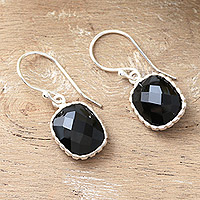 Onyx dangle earrings, 'Delhi Darkness' - Artisan Crafted Earrings Sterling Silver and Onyx 
