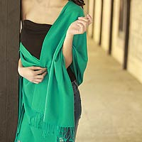 Wool and silk shawl, 'Extravagant Aqua' - Artisan Crafted Wool Silk Shawl