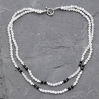 Rainbow moonstone and onyx strand necklace, 'Chennai Nights' - Rainbow Moonstone and Onyx strand necklace