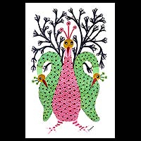 Gond painting Friendly Peacocks India