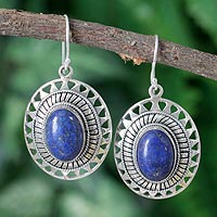 Lapis lazuli dangle earrings, 'Tribal Medallion' - Lapis Lazuli Earrings from India Silver Jewelry Collection