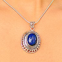 Lapis lazuli pendant necklace, 'Tribal Medallion' - Indian Necklace with Sterling Silver and Lapis Lazuli