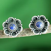 Lapis lazuli flower earrings, 'Indian Gentian' - Indian Floral Sterling Silver Button Lapis Lazuli Earrings