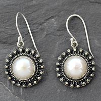 Pearl dangle earrings, 'Purity' - Sterling Silver and Pearl Earrings Women's Jewelry