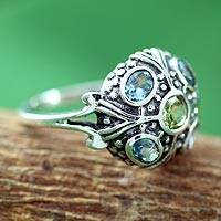 Blue topaz and peridot cocktail ring, 'Enthralling Jaipur' - Blue Topaz and Peridot Indian Sterling Silver Ring
