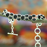 Onyx link bracelet, 'Jaipur Heritage' - Sterling Silver and Onyx Bracelet Indian Jewelry