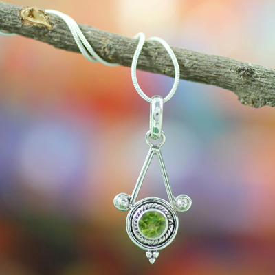 Peridot pendant necklace, 'Chennai Promise' - Sterling Silver and Peridot Necklace Modern Indian Jewelry 