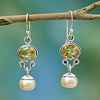 Pearl and citrine earrings, 'Golden Light' - Pearl and Citrine Earrings in Sterling Silver Jewelry