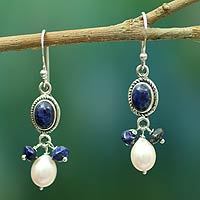 Lapis lazuli and cultured pearl dangle earrings,