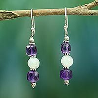 Amethyst and rainbow moonstone dangle earrings,