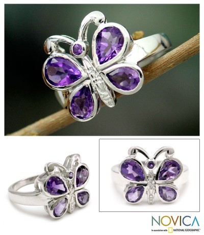 Amethysts on Sterling Silver Cocktail Ring from India