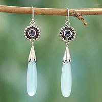 Chalcedony and iolite dangle earrings,