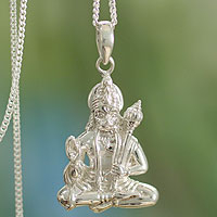Sterling silver pendant necklace, 'Brave Hanuman' - Hindu Monkey King in Sterling Silver Necklace