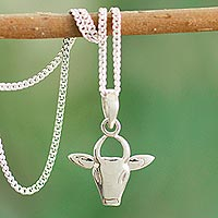 Sterling silver pendant necklace, 'Nandi the Gatekeeper' - Shiva's Bull in Sterling Silver Necklace Hindu Jewelry