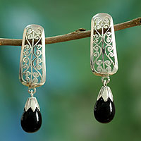 Onyx floral earrings, 'Mughal Melody' - Fair Trade Indian Floral Sterling Silver Drop Onyx Earrings