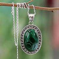 Malachite pendant necklace, 'Forest Whirlwind' - Sterling Silver Necklace Malachite Jewelry from India