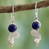 Cultured pearl and lapis lazuli dangle earrings,