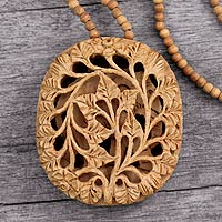 Wood flower necklace, 'Elephant Revelations' - Wood flower necklace