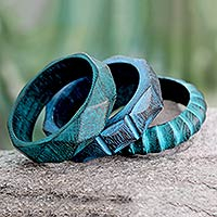 Wood bangle bracelets, 'Turquoise Treasure' (set of 3) - Fair Trade Mango Wood Bangle Bracelets (Set of 3)