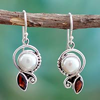 Cultured pearl and garnet dangle earrings, 'Sublime Romance' - Pearl Garnet Earrings in Sterling Silver Jewelry