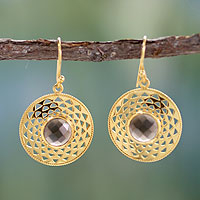 Gold vermeil smoky quartz dangle earrings, 'Jaipur Suns' - Gold vermeil smoky quartz dangle earrings