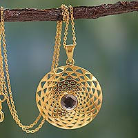 Gold vermeil smoky quartz pendant necklace, 'Jaipur Sun' - Gold vermeil smoky quartz pendant necklace