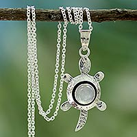 Moonstone pendant necklace, 'Turtle Wisdom' - Sterling Turtle with Moonstone Necklace