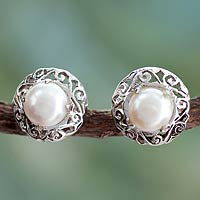 Cultured pearl button earrings, 'Royal Reminiscence' - Pearl Earrings in Sterling Silver Indian Jewelry Collection