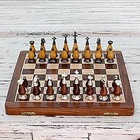 Wood and brass chess set,