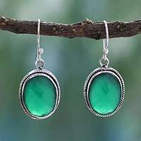 Sterling silver dangle earrings, 'Luscious Green' - Green Onyx Earrings in Sterling Silver Handmade in India