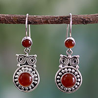 Carnelian dangle earrings, 'Fire Owl' - Handcrafted Indian Sterling Silver and Carnelian Earrings