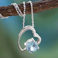 Blue topaz heart necklace, 'Promise of Love' - Indian Heart Jewelry Sterling Silver and Blue Topaz Necklace