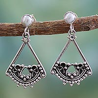 Cultured pearl dangle earrings, 'Whispers of Love' - Fair Trade Sterling Silver and Pearl Dangle Earrings