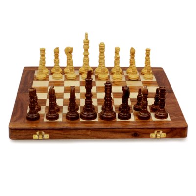 Wood chess set, 'Battle of the Mughals' - Wood Chess Set Folding Board with Storage from India