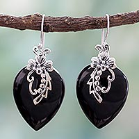 Onyx flower earrings, 'Midnight Magic' - Hand Crafted Sterling Silver Onyx Floral Earrings