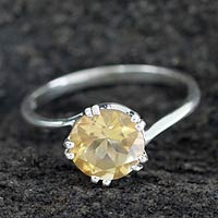 Citrine solitaire ring, 'Delhi Crown' - Handcrafted Sterling Silver Solitaire Citrine Ring