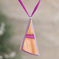 Indian elm wood pendant necklace, 'Modernity' - Wood and Leather Necklace Handcrafted Modern Jewelry 