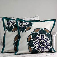 Applique cushion cover Teal Bouquet pair India