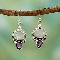 Rainbow moonstone and amethyst dangle earrings,