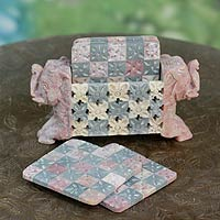 Soapstone coaster set Elephant Patchwork set for 6 India